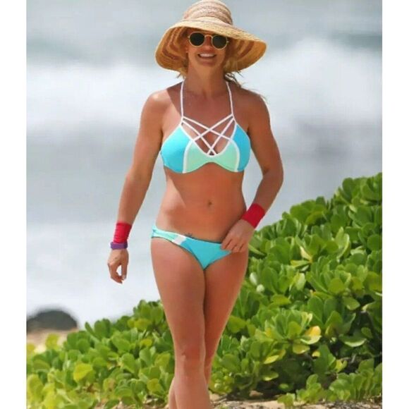 Victoria`s Secret PINK- M (D-DD)Aqua Blue Strappy Front Bikini Top & Bottom - Picture 1 of 9